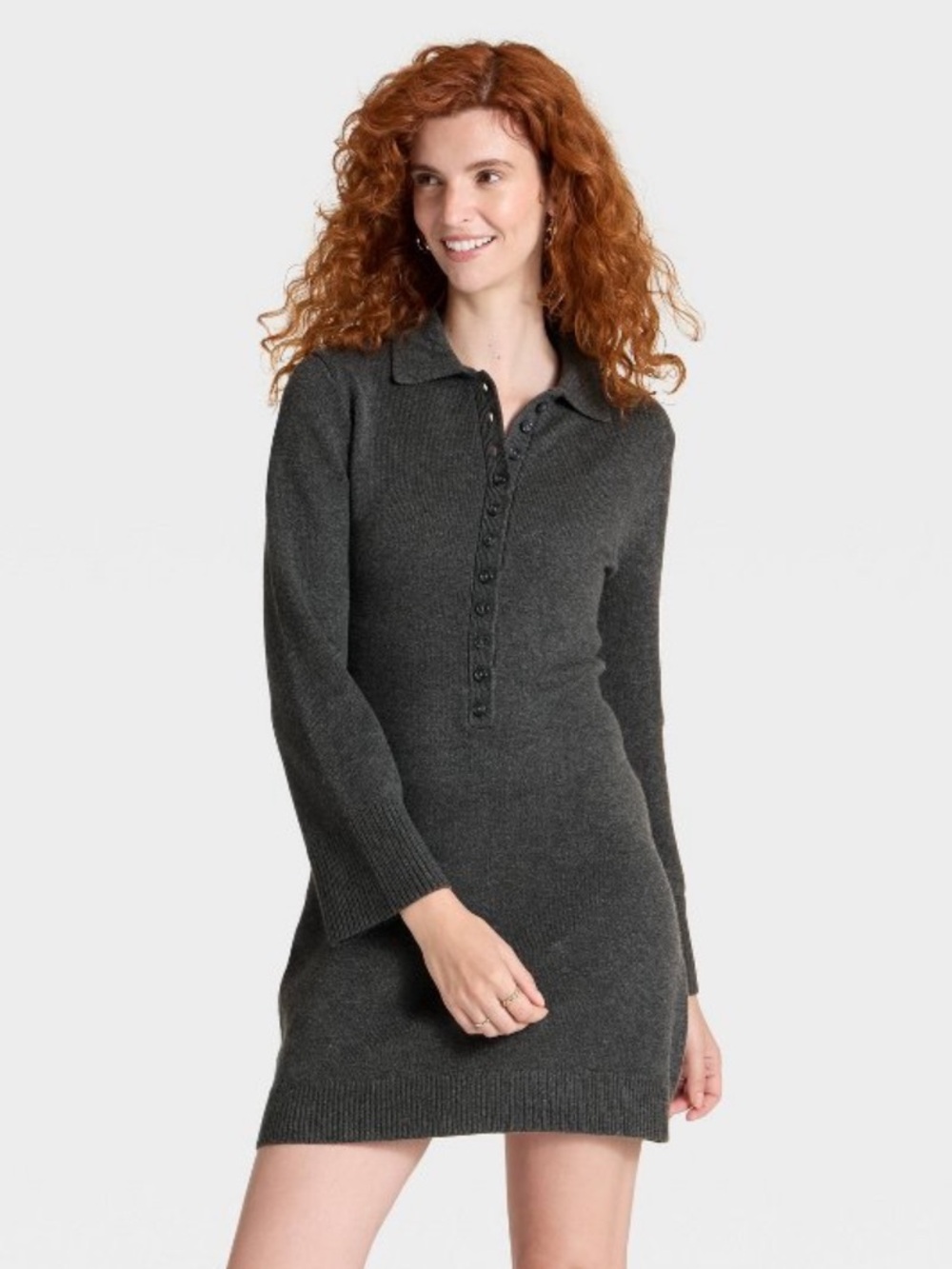 A New Day Charcoal Gray Long Sleeve Polo Sweater Dress